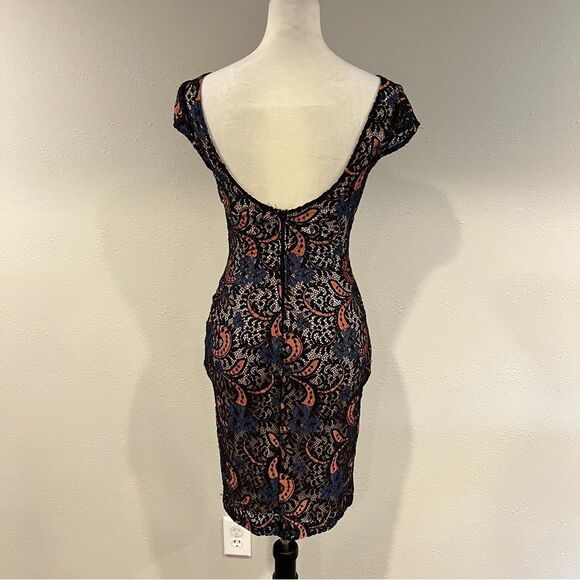 Mystic Black and Orange lace Sheath Midi Dress with Cap Sleeves size extra small - Picture 7 of 13